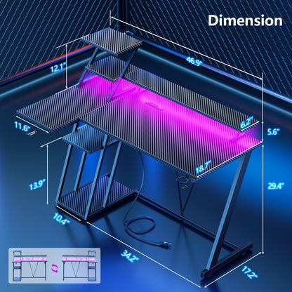 Satifur 47" Carbon Fiber Gaming Desk L-Shaped Computer Desk, RGB Lights & Power Outlets, Black