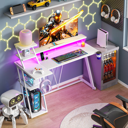 Satifur 47" Carbon Fiber Gaming Desk L-Shaped Computer Desk, RGB Lights & Power Outlets, White