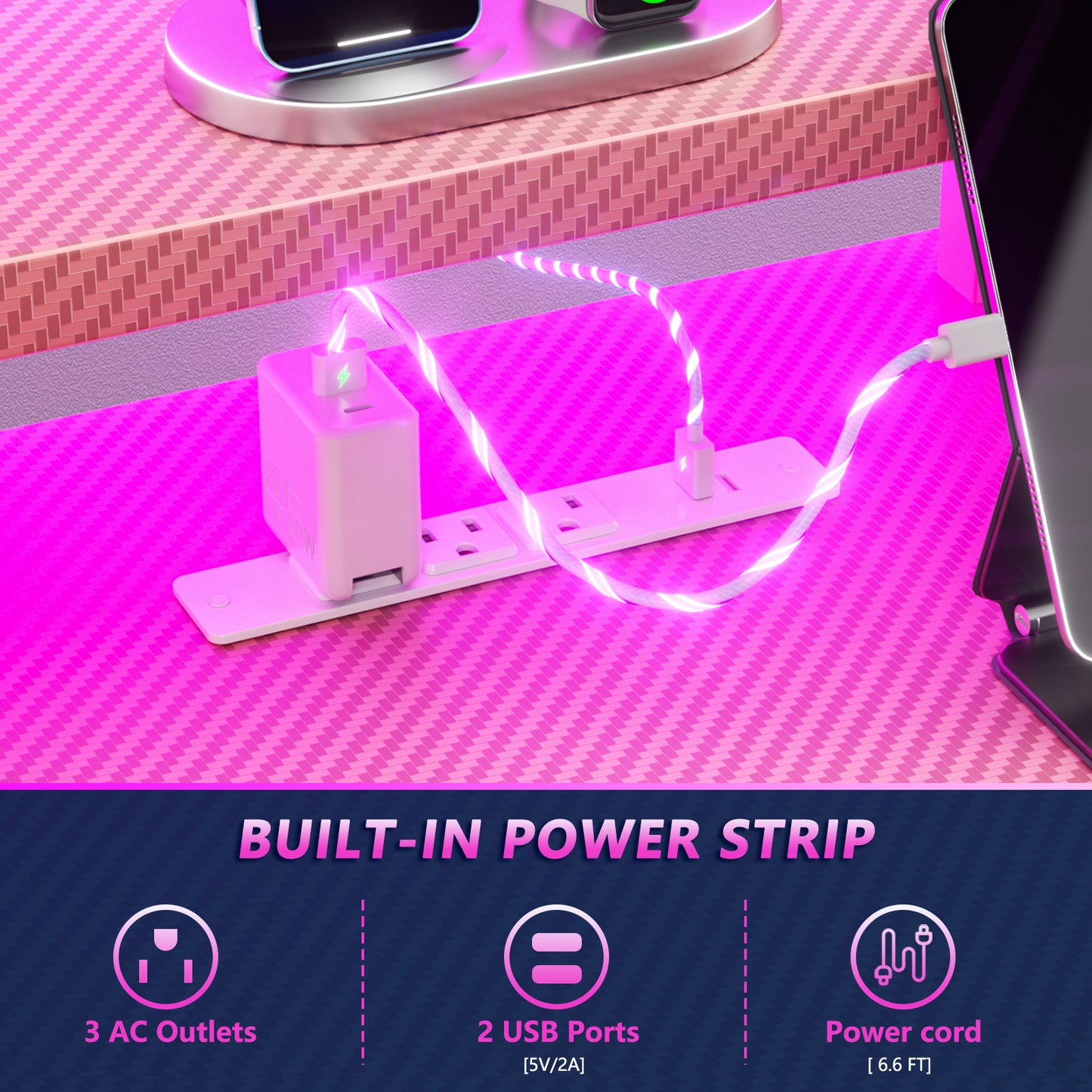 Satifur 55" Carbon Fiber Gaming Desk L-Shaped Computer Desk, RGB Lights & Power Outlets, Pink