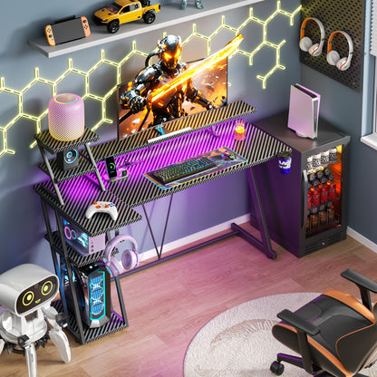 Satifur 55" Carbon Fiber Gaming Desk L-Shaped Computer Desk, RGB Lights & Power Outlets, Black