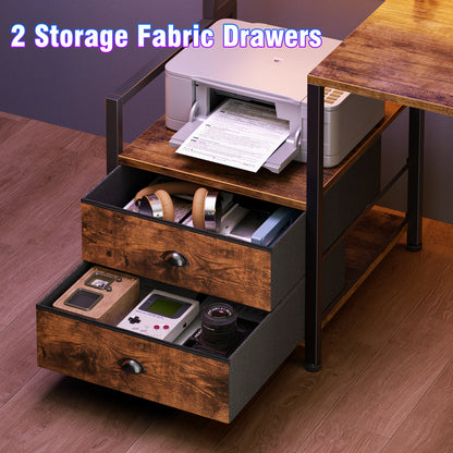 Satifur 66" L-Shaped Gaming Desk with LED Lights & Power Outlets, Computer Desk with Drawers & Printer Stand, Rustic Brown