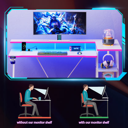 Satifur 55" Pro L-Shaped Gaming Desk White, RGB LED, Power Hub & Monitor Riser for Ultimate Setup