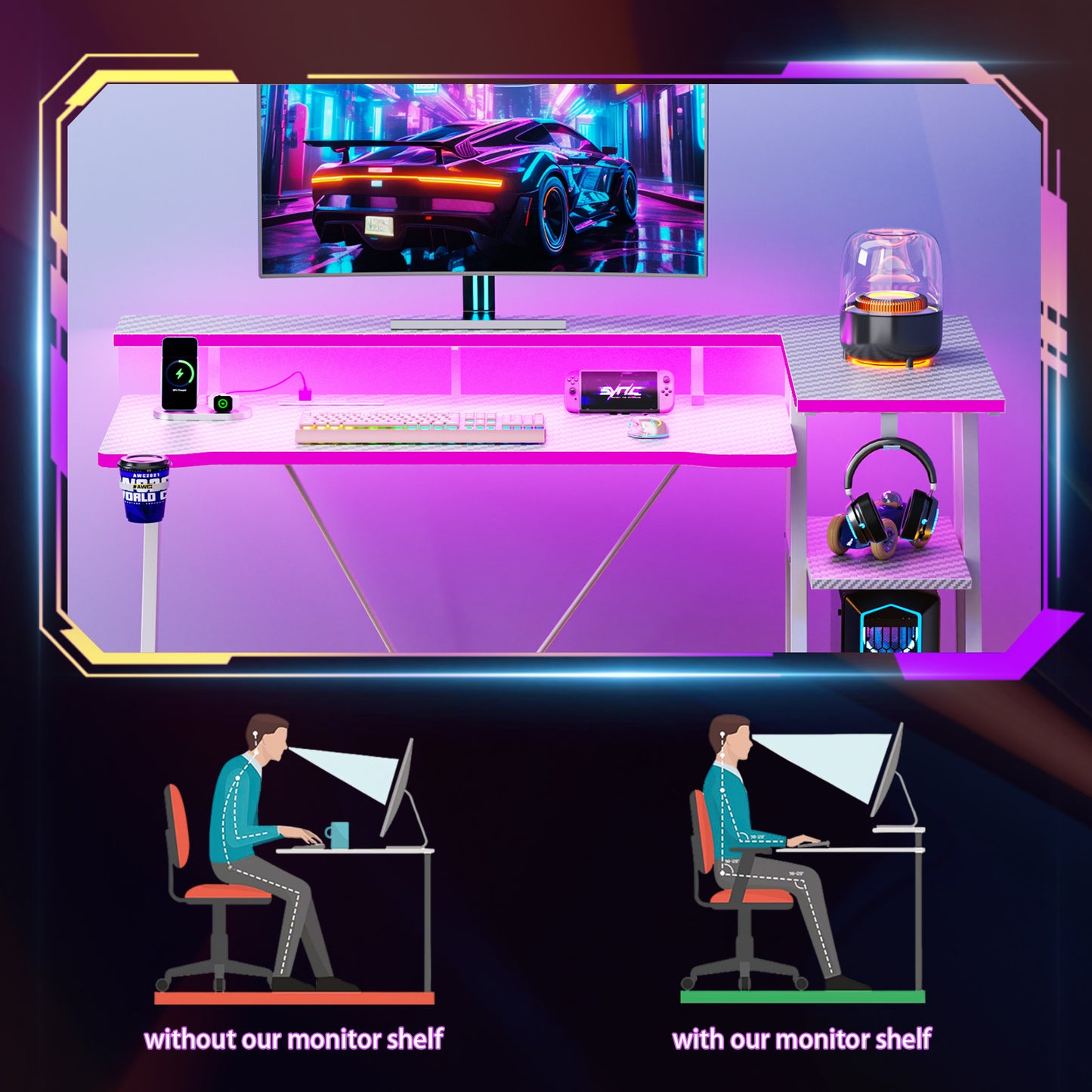 Satifur 39" Pro L-Shaped Gaming Desk White, RGB LED, Power Hub & Monitor Riser for Ultimate Setup