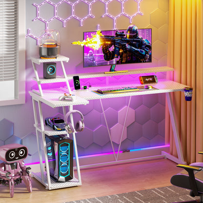 Satifur 55" Carbon Fiber Gaming Desk L-Shaped Computer Desk, RGB Lights & Power Outlets, White