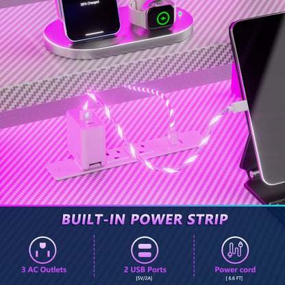 Satifur 55" Carbon Fiber Gaming Desk L-Shaped Computer Desk, RGB Lights & Power Outlets, White