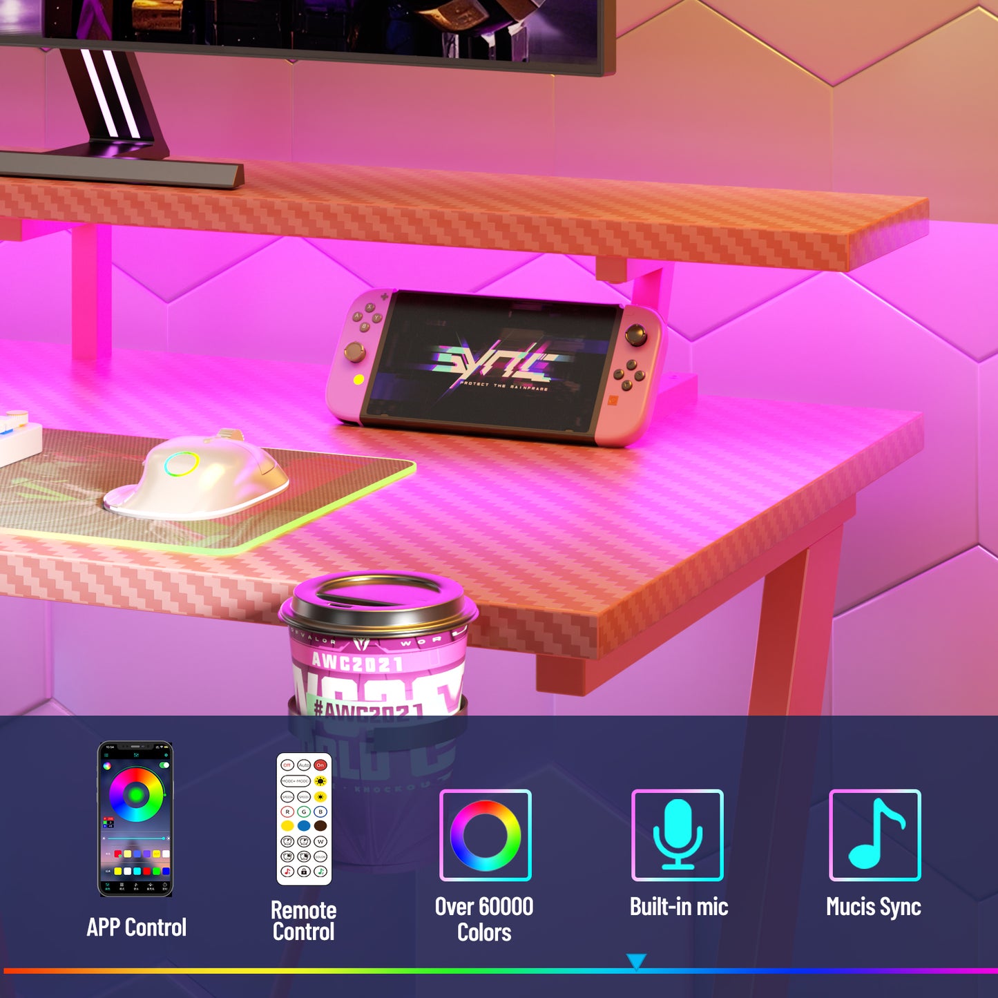 Satifur 55" Carbon Fiber Gaming Desk L-Shaped Computer Desk, RGB Lights & Power Outlets, Pink