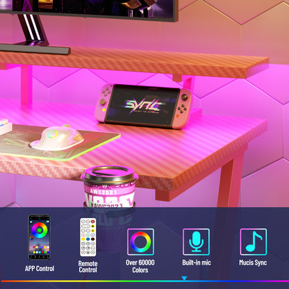 Satifur 55" Carbon Fiber Gaming Desk L-Shaped Computer Desk, RGB Lights & Power Outlets, Pink