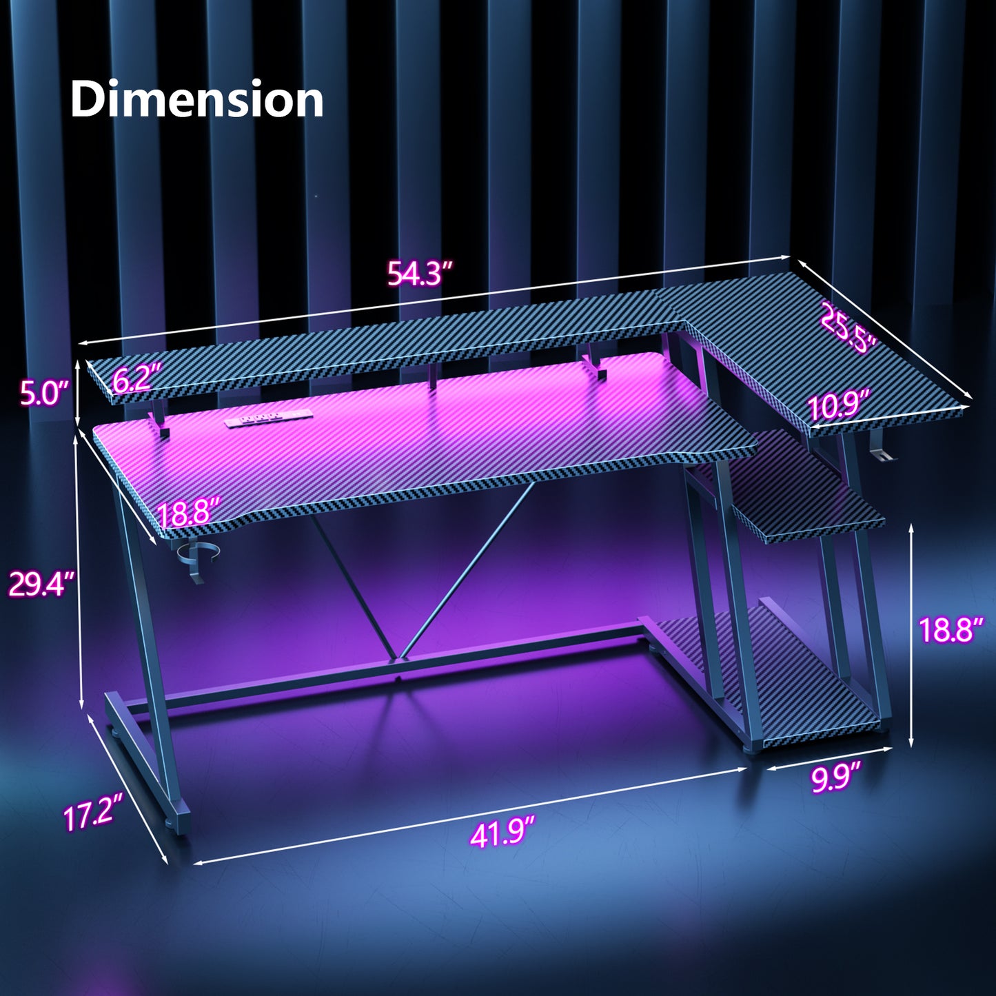 Satifur 55" Pro L-Shaped Gaming Desk Black, RGB LED, Power Hub & Monitor Riser for Ultimate Setup