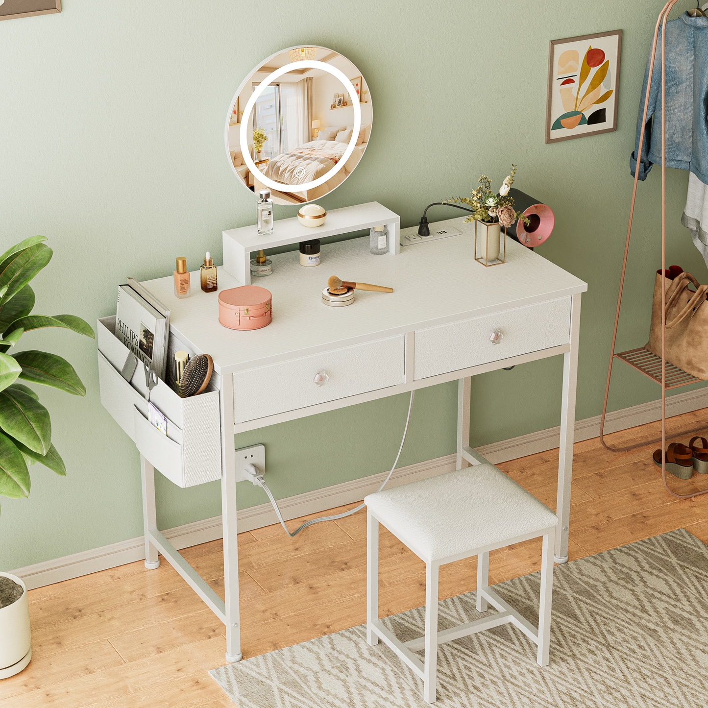 Satifur Vanity Desk with Mirror & Lights, GRWM Vanity with Drawers & Storage Shelves, Makeup Dressing Table with Stool & Charging, White