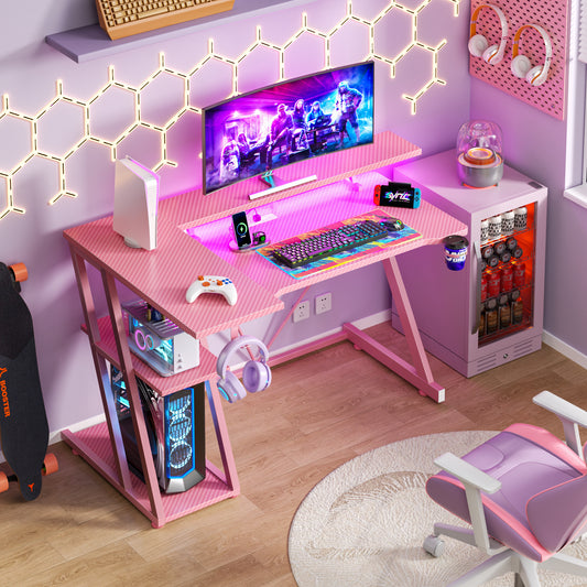 Satifur 39" Pro L-Shaped Gaming Desk Pink, RGB LED, Power Hub & Monitor Riser for Ultimate Setup