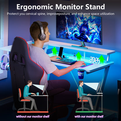 Satifur 55" Pro L-Shaped Gaming Desk White, RGB LED, Power Hub & Monitor Riser for Ultimate Setup