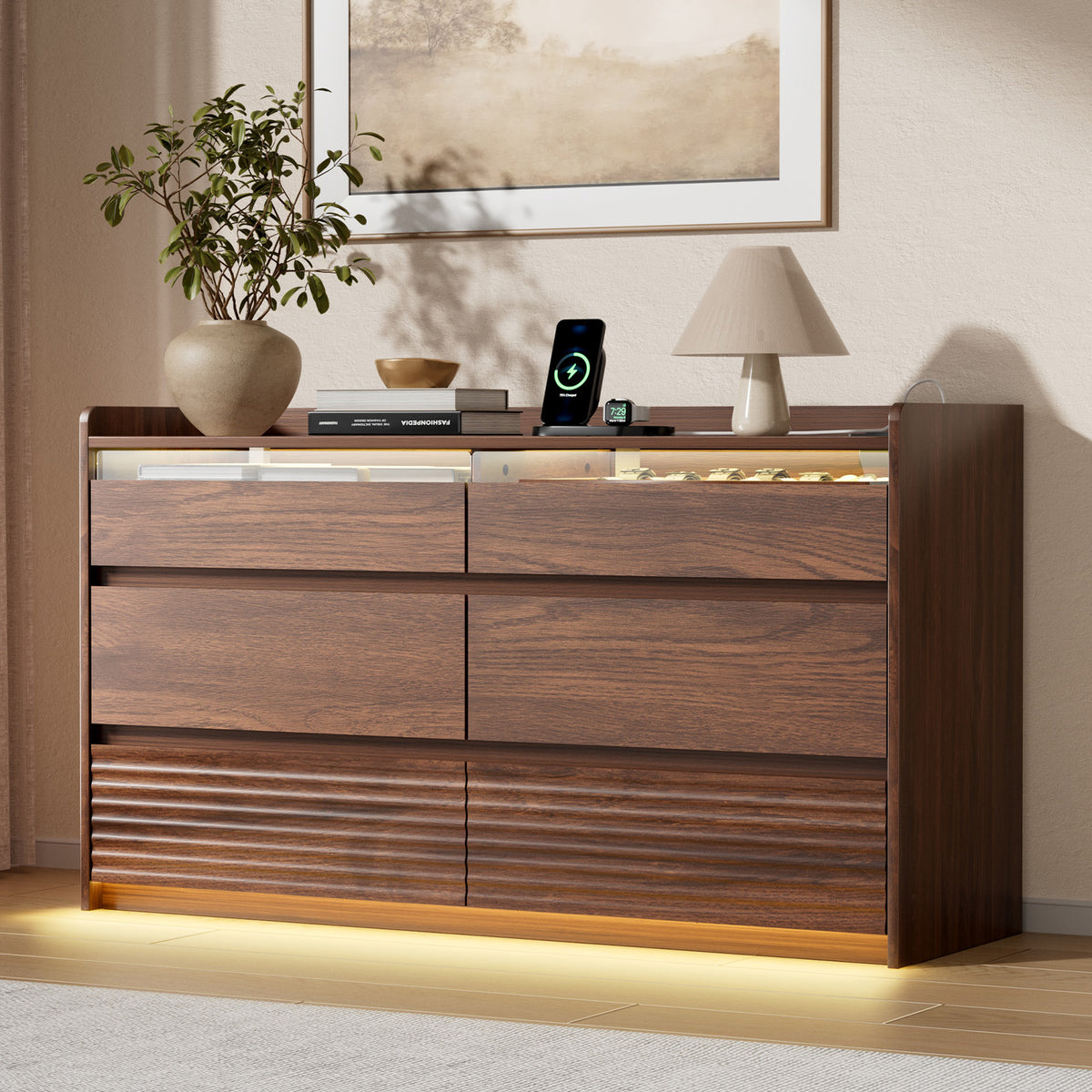 Satifur 6-Drawer Dresser with Charging Station & LED Lights, Modern Wooden Storage Cabinet & Chest of Drawers for Bedroom and Living Room, American Walnut