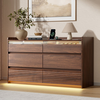 Satifur 6-Drawer Dresser with Charging Station & LED Lights, Modern Wooden Storage Cabinet & Chest of Drawers for Bedroom and Living Room, American Walnut