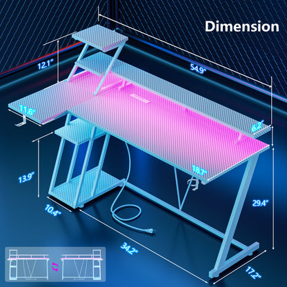 Satifur 55" Carbon Fiber Gaming Desk L-Shaped Computer Desk, RGB Lights & Power Outlets, White