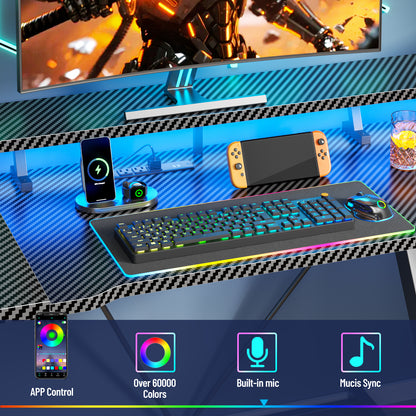 Satifur 55" Pro L-Shaped Gaming Desk Black, RGB LED, Power Hub & Monitor Riser for Ultimate Setup