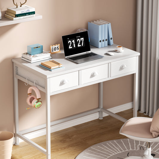 Satifur White Writing Desk with Drawers & Hooks, 40" Computer Desk with 3 Fabric Drawers
