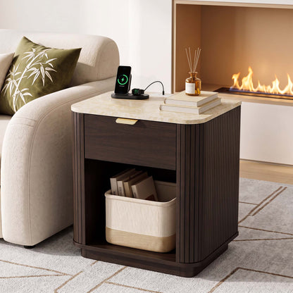 Satifur Wooden Nightstand with Charging Station, 1 Drawer Fluted Night Stand with Storage, Modern Bedside Table End Table for Bedroom Living Room, Walnut