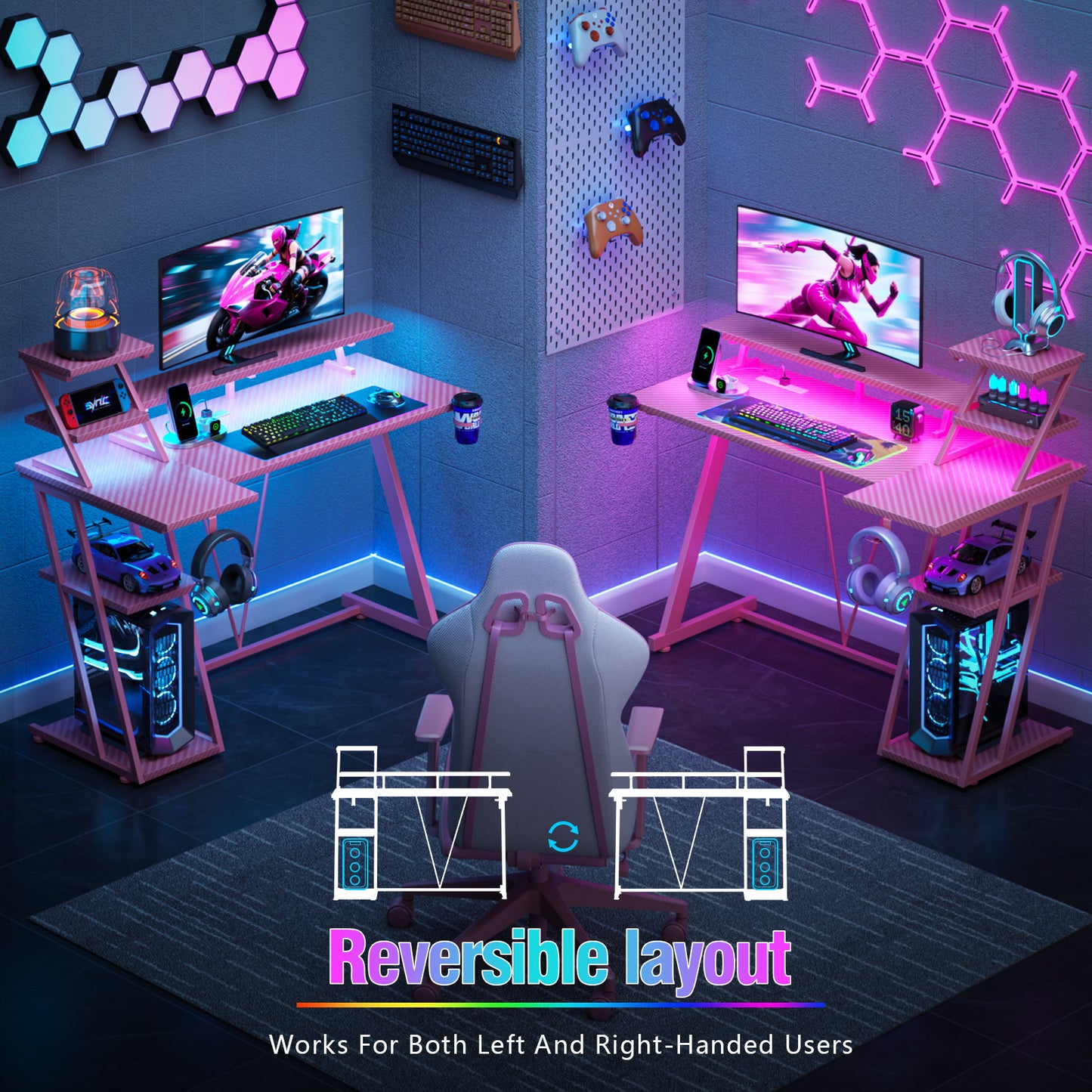 Satifur 39" Carbon Fiber Gaming Desk L-Shaped Computer Desk, RGB Lights & Power Outlets, Pink