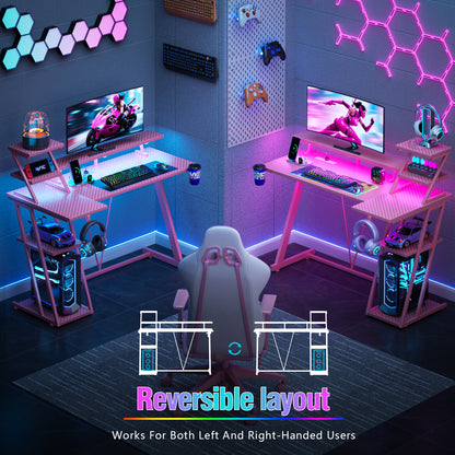 Satifur 39" Carbon Fiber Gaming Desk L-Shaped Computer Desk, RGB Lights & Power Outlets, Pink