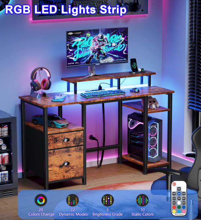 Satifur 51" Reversible 2-Tier Computer Desk with Power Outlet, LED Lights, File Cabinet Storage Shelves,Rustic Brown