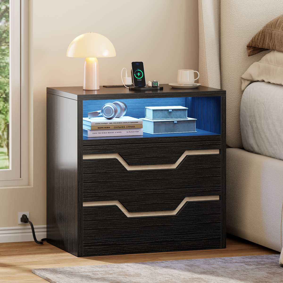Satifur Charging Nightstand with Power Strip, Bedside Table with 2 Drawers & Open Shelf, Modern End Table with USB & Type-C Ports for Living Room, Black