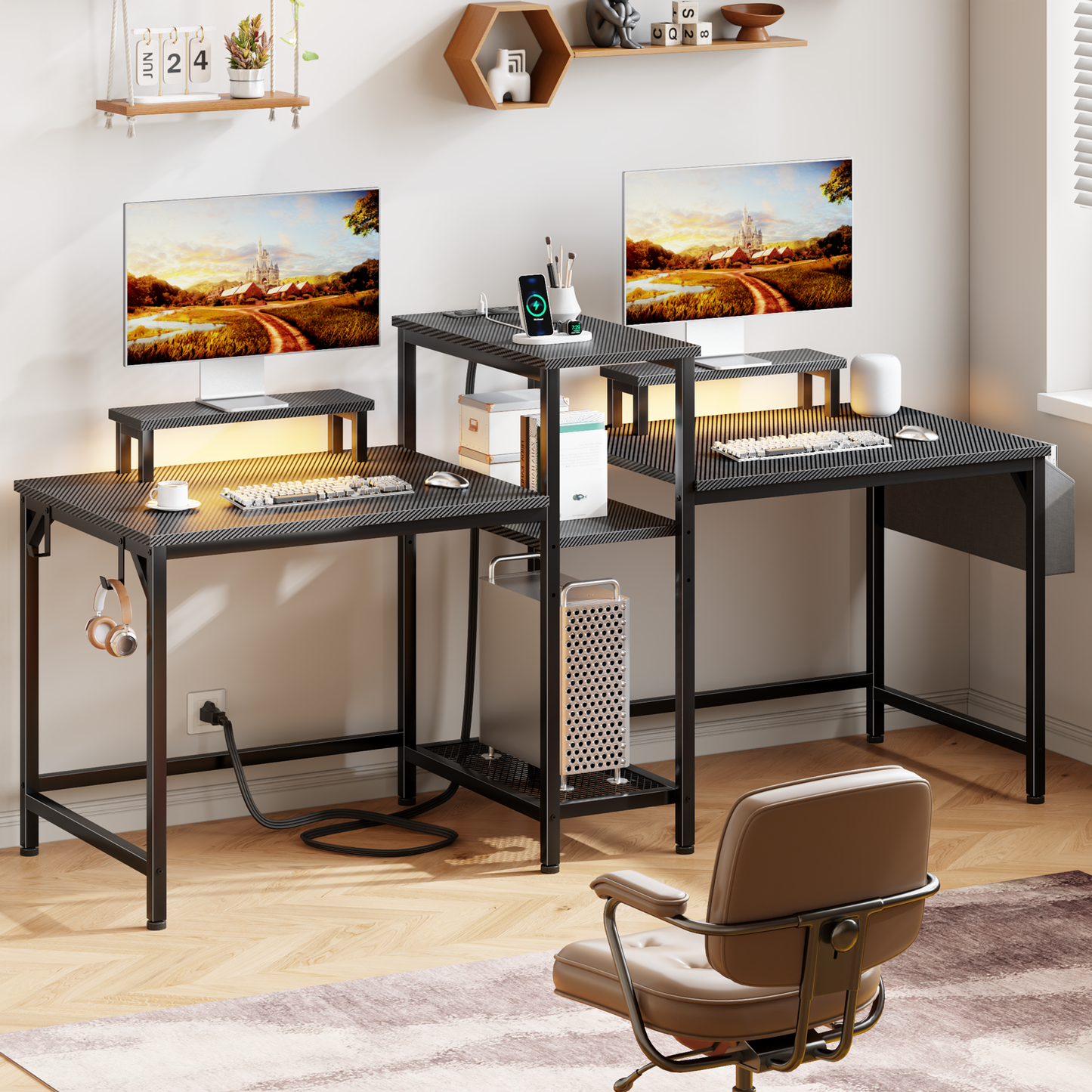 Satifur 71 Inch 2 Person Gaming Desk with Storage Shelves, Double Home Office Computer Writing Desks with USB Charging Port & LED Lights,Black