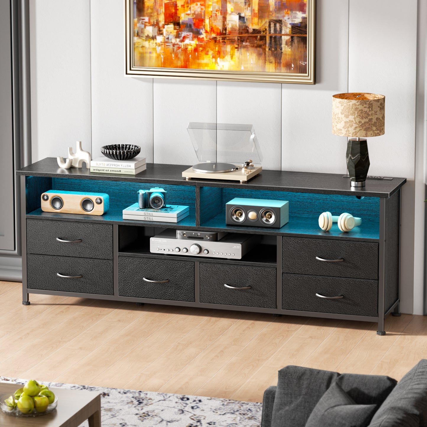 Tydimor Modern TV Stand for TVs up to 55", Media Console with 6 Drawers for Living Room, Entertainment Center with LED lights and Power Outlets, Black