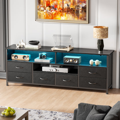 Tydimor Modern TV Stand for TVs up to 55", Media Console with 6 Drawers for Living Room, Entertainment Center with LED lights and Power Outlets, Black