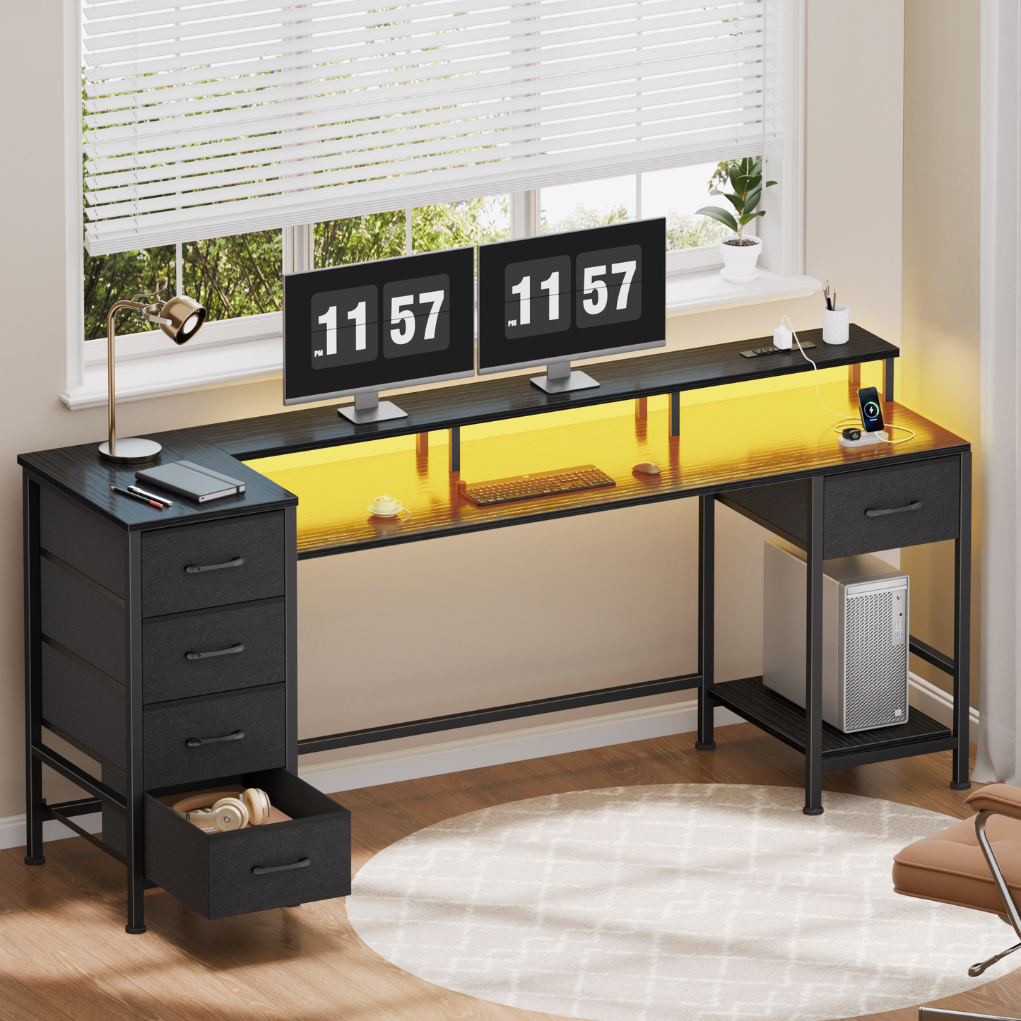 Satifur Gaming Desk with LED Lights & Power Outlets, 66" Computer Desk with 5 Fabric Drawers & Open Storage, Reversible Home Office Desk,Black