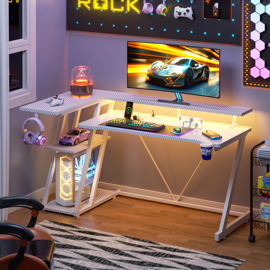 Satifur 55" Pro L-Shaped Gaming Desk White, RGB LED, Power Hub & Monitor Riser for Ultimate Setup