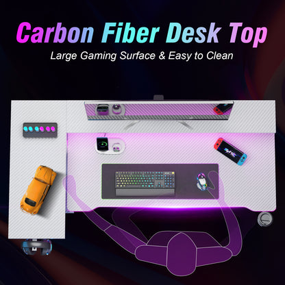 Satifur 55" Pro L-Shaped Gaming Desk White, RGB LED, Power Hub & Monitor Riser for Ultimate Setup