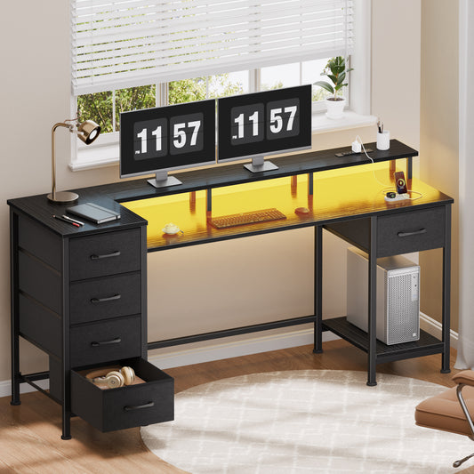 Satifur Gaming Desk with LED Lights & Power Outlets, 55" Computer Desk with 5 Fabric Drawers & Open Storage, Reversible Home Office Desk,Black