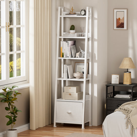 Tydimor 6-Tier Leaning Ladder Bookshelf with Fabric Drawer, White Leaning Bookcase with Storage Shelves for Home Office Living Room Bedroom