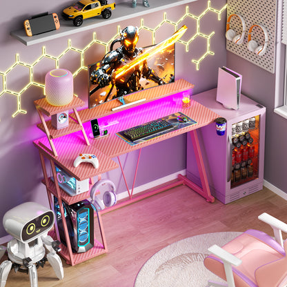 Satifur 47" Carbon Fiber Gaming Desk L-Shaped Computer Desk, RGB Lights & Power Outlets, Pink