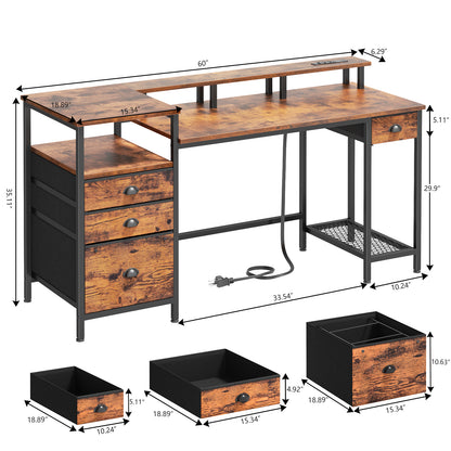 Satifur Computer Desk with 4 Drawers, 60 Inch Reversible Desk with Led Lights & Power Outlet, Home Office Desk with File Drawer & Monitor Stand, Rustic Brown