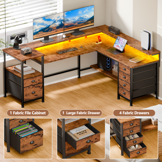 Sarifur L Shaped Computer Desk with Charging Station and LED Lights, 66 inch PC Table Study Desk 6 Drawers for Bedroom,Office Rustic Brown