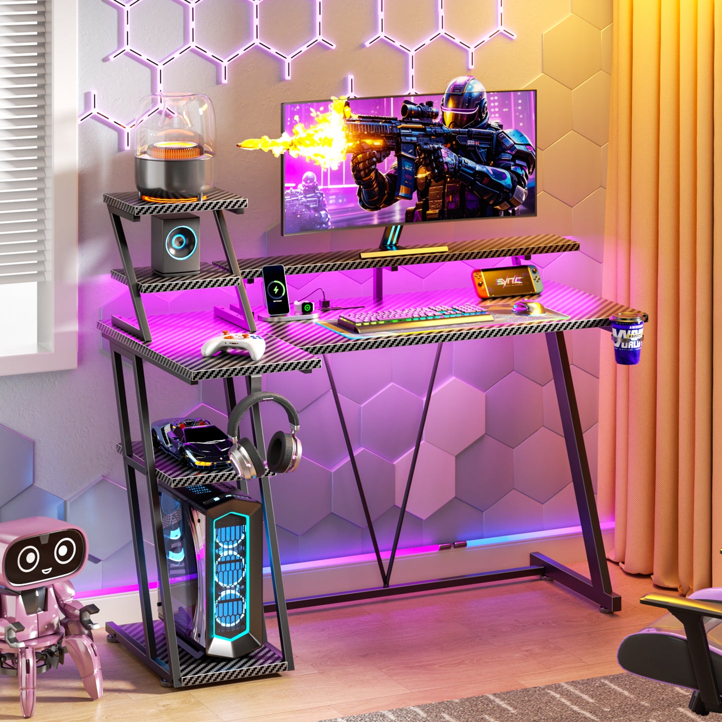 Satifur 39" Carbon Fiber Gaming Desk L-Shaped Computer Desk, RGB Lights & Power Outlets, Black