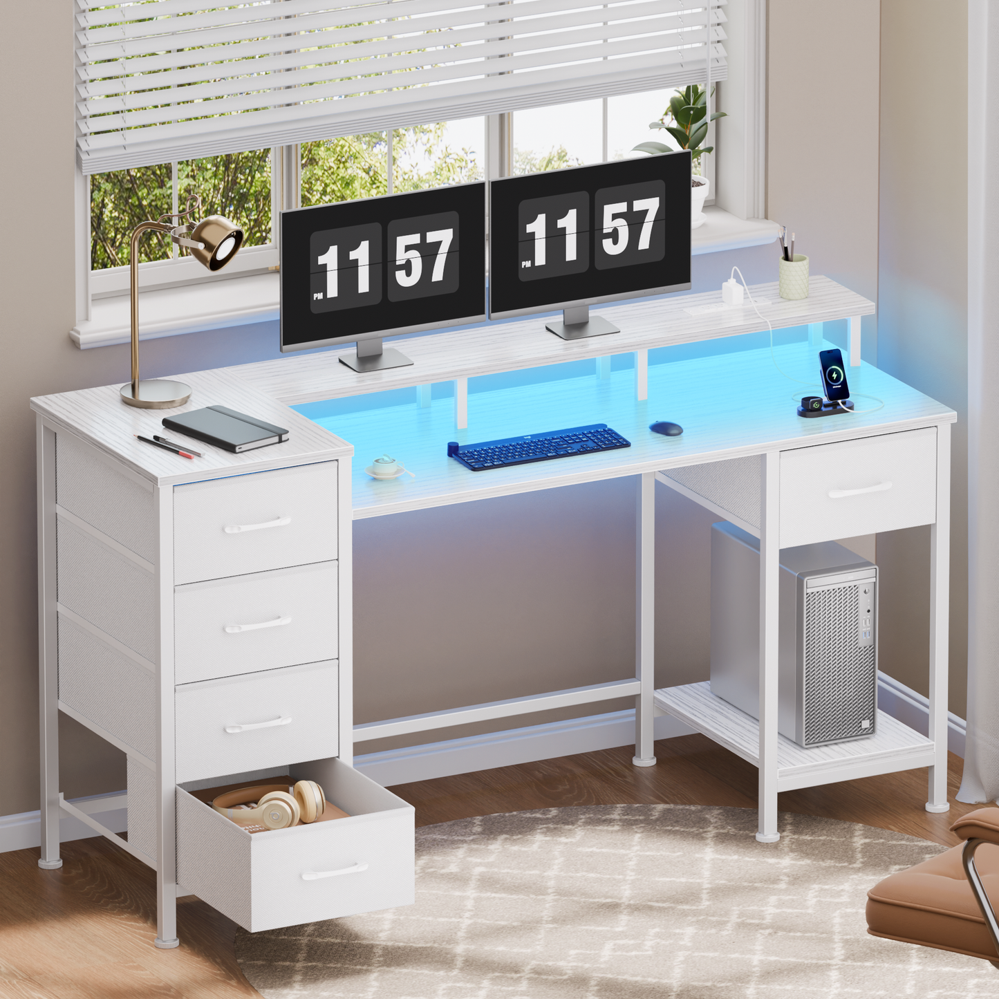 Satifur Gaming Desk with LED Lights & Power Outlets, 47" Computer Desk with 5 Fabric Drawers & Open Storage, Reversible Home Office Desk,White