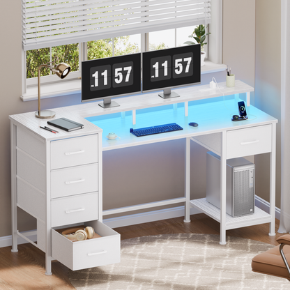 Satifur Gaming Desk with LED Lights & Power Outlets, 47" Computer Desk with 5 Fabric Drawers & Open Storage, Reversible Home Office Desk,White