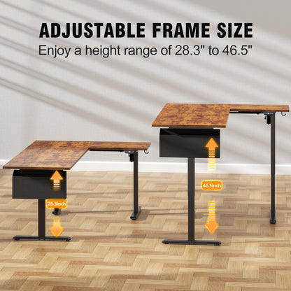 Satifur Electric Standing Desk 63" L-Shaped, Ergonomic Computer Desk with Memory Preset, Height Adjustable Sit Stand Desk with Hooks & Storage, Rustic