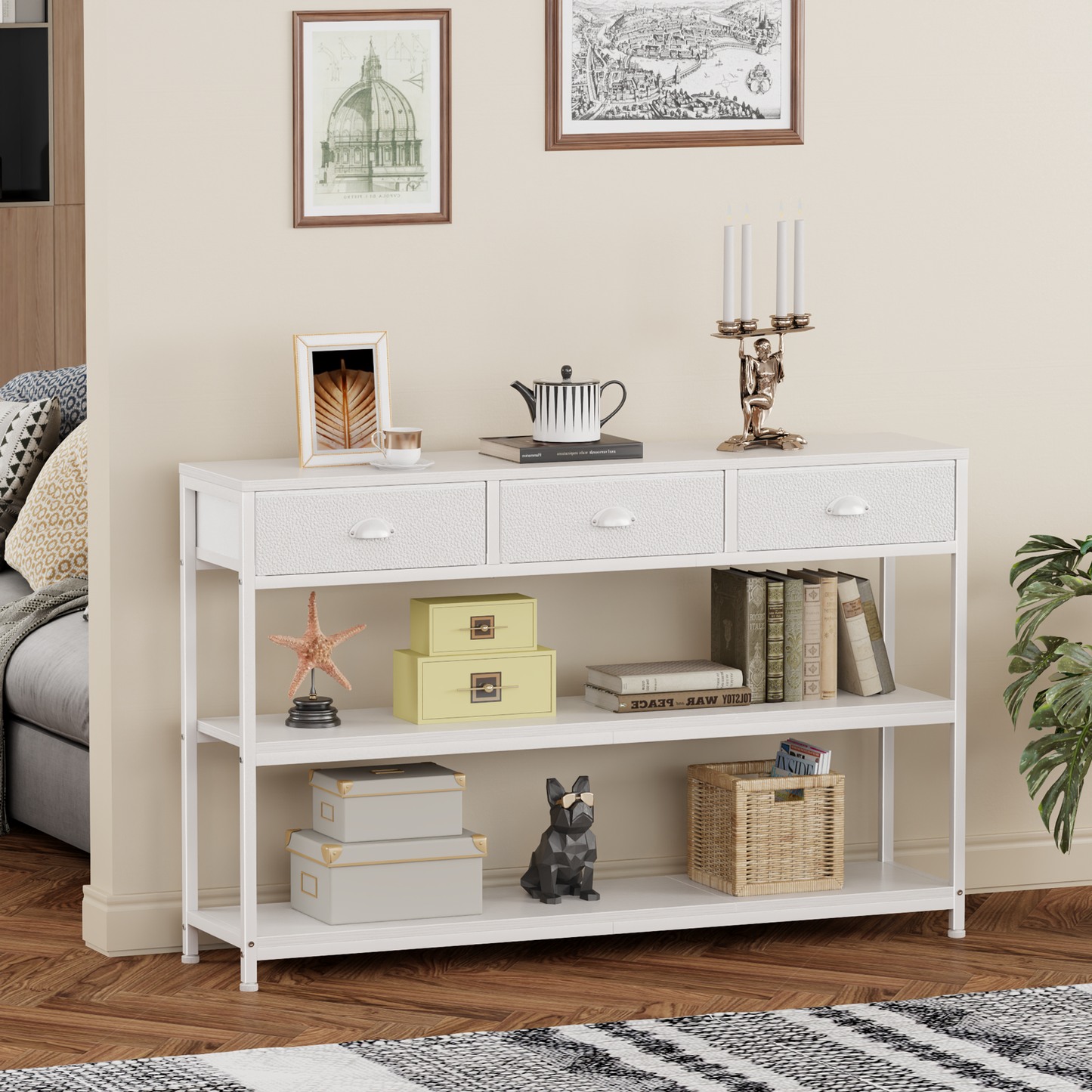 Satifur 47" Entryway Table with 4 Fabric Drawers, Console Table Metal Frame Sofa Table with 2 Shelves for Living Room and Hallway, White