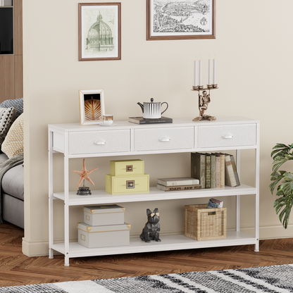 Satifur 47" Entryway Table with 4 Fabric Drawers, Console Table Metal Frame Sofa Table with 2 Shelves for Living Room and Hallway, White