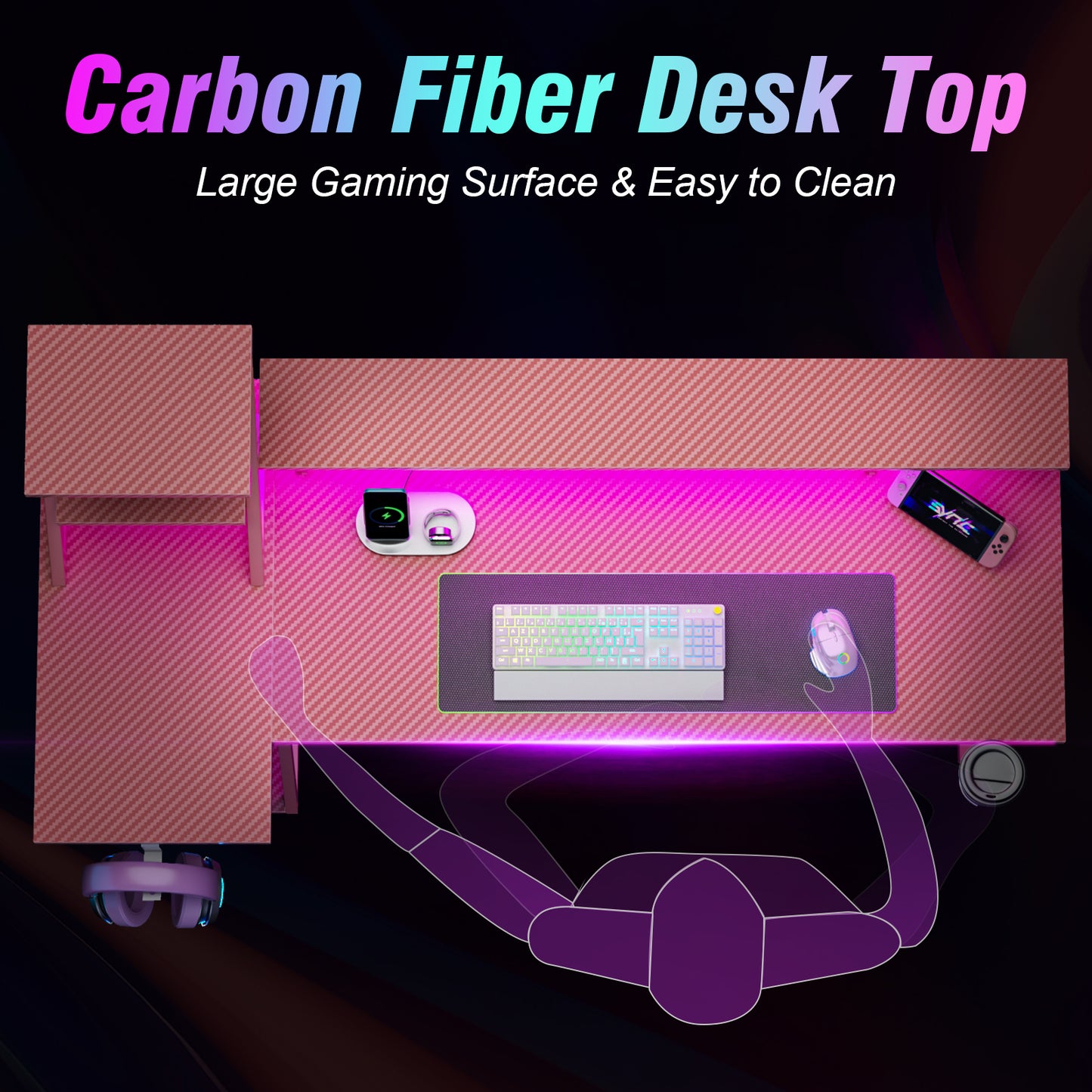 Satifur 55" Carbon Fiber Gaming Desk L-Shaped Computer Desk, RGB Lights & Power Outlets, Pink