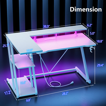 Satifur 39" Pro L-Shaped Gaming Desk White, RGB LED, Power Hub & Monitor Riser for Ultimate Setup