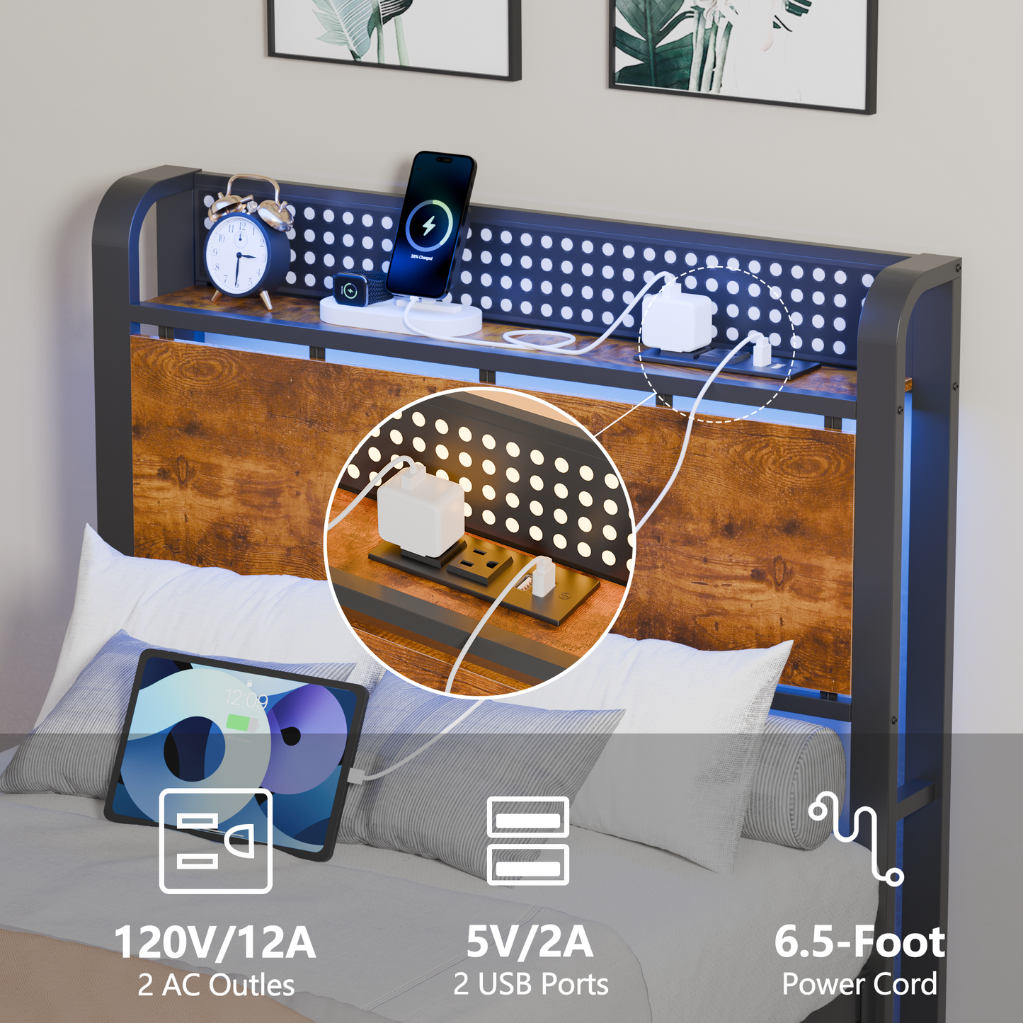 Satifur LED Bed Frame Twin Size with 2 USB Ports and Outlets, Platform Metal Bed Frame, No Box Spring Needed, Noise-Free