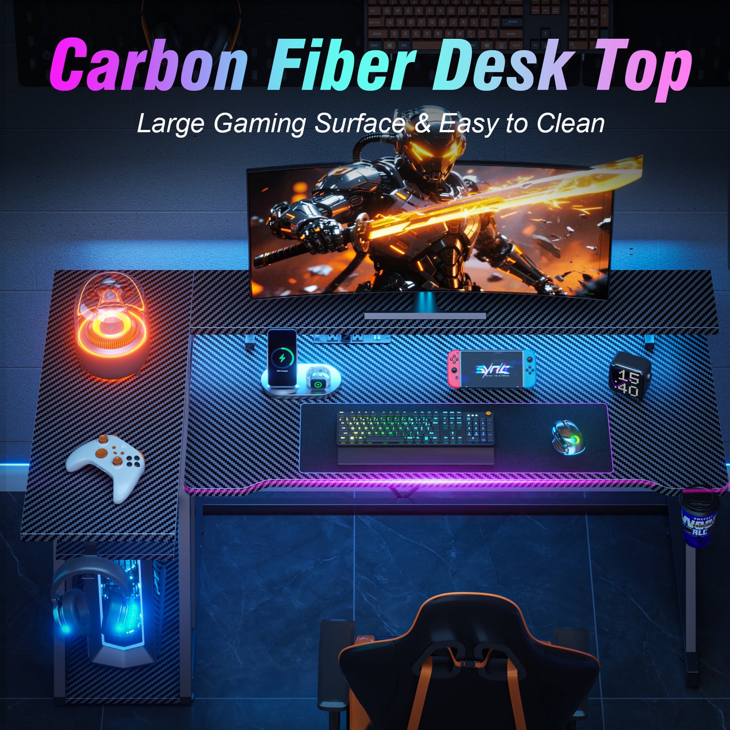 Satifur 55" Pro L-Shaped Gaming Desk Black, RGB LED, Power Hub & Monitor Riser for Ultimate Setup