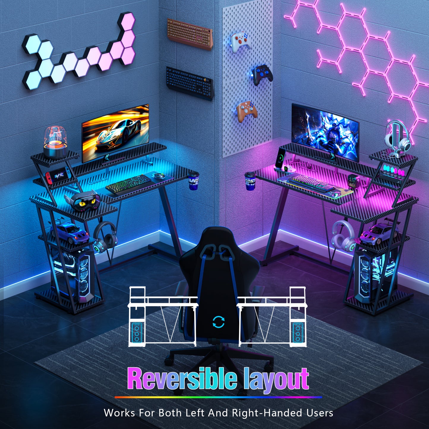 Satifur 39" Carbon Fiber Gaming Desk L-Shaped Computer Desk, RGB Lights & Power Outlets, Black