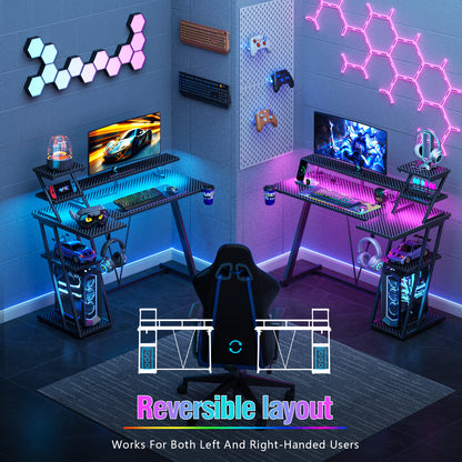 Satifur 39" Carbon Fiber Gaming Desk L-Shaped Computer Desk, RGB Lights & Power Outlets, Black