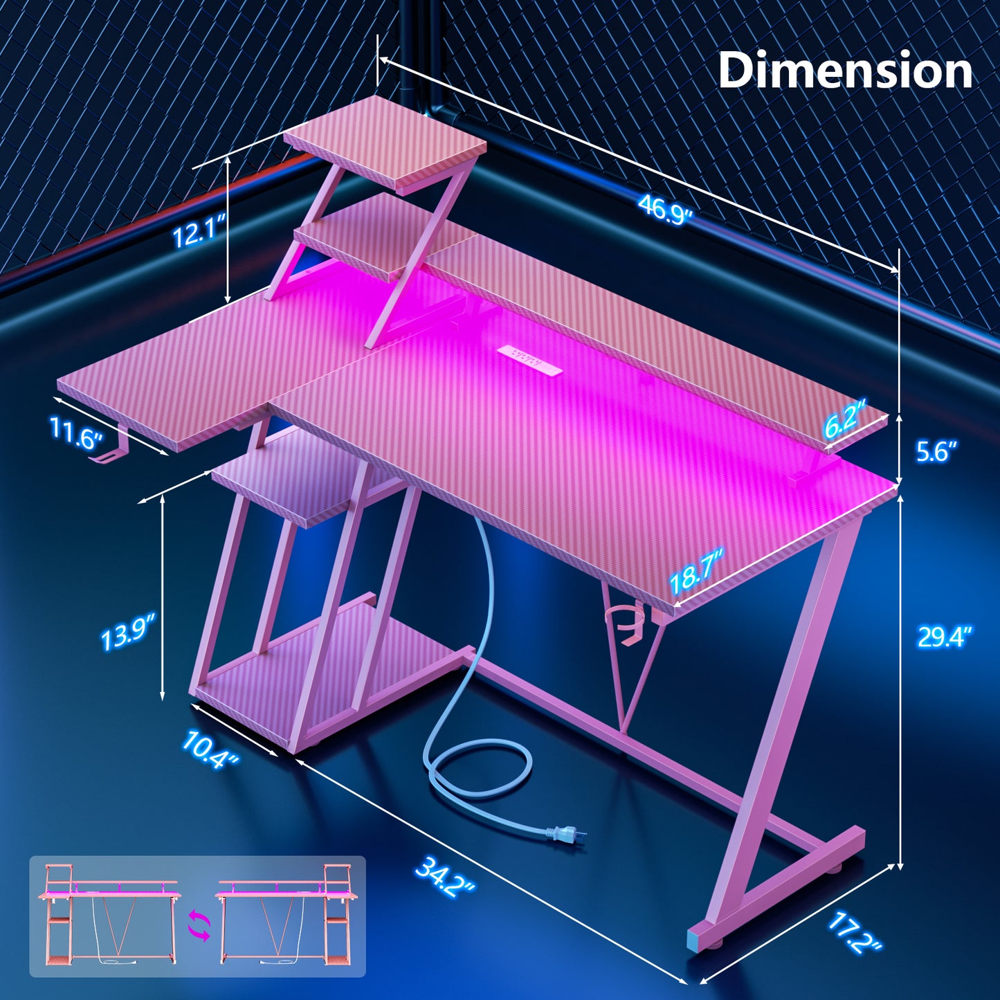 Satifur 47" Carbon Fiber Gaming Desk L-Shaped Computer Desk, RGB Lights & Power Outlets, Pink