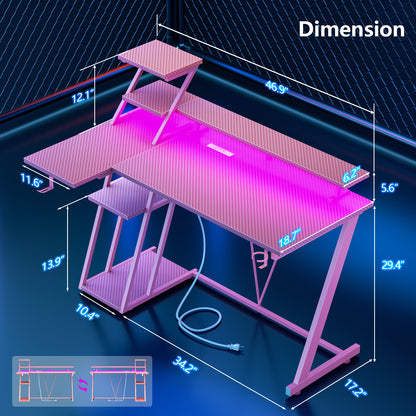 Satifur 47" Carbon Fiber Gaming Desk L-Shaped Computer Desk, RGB Lights & Power Outlets, Pink
